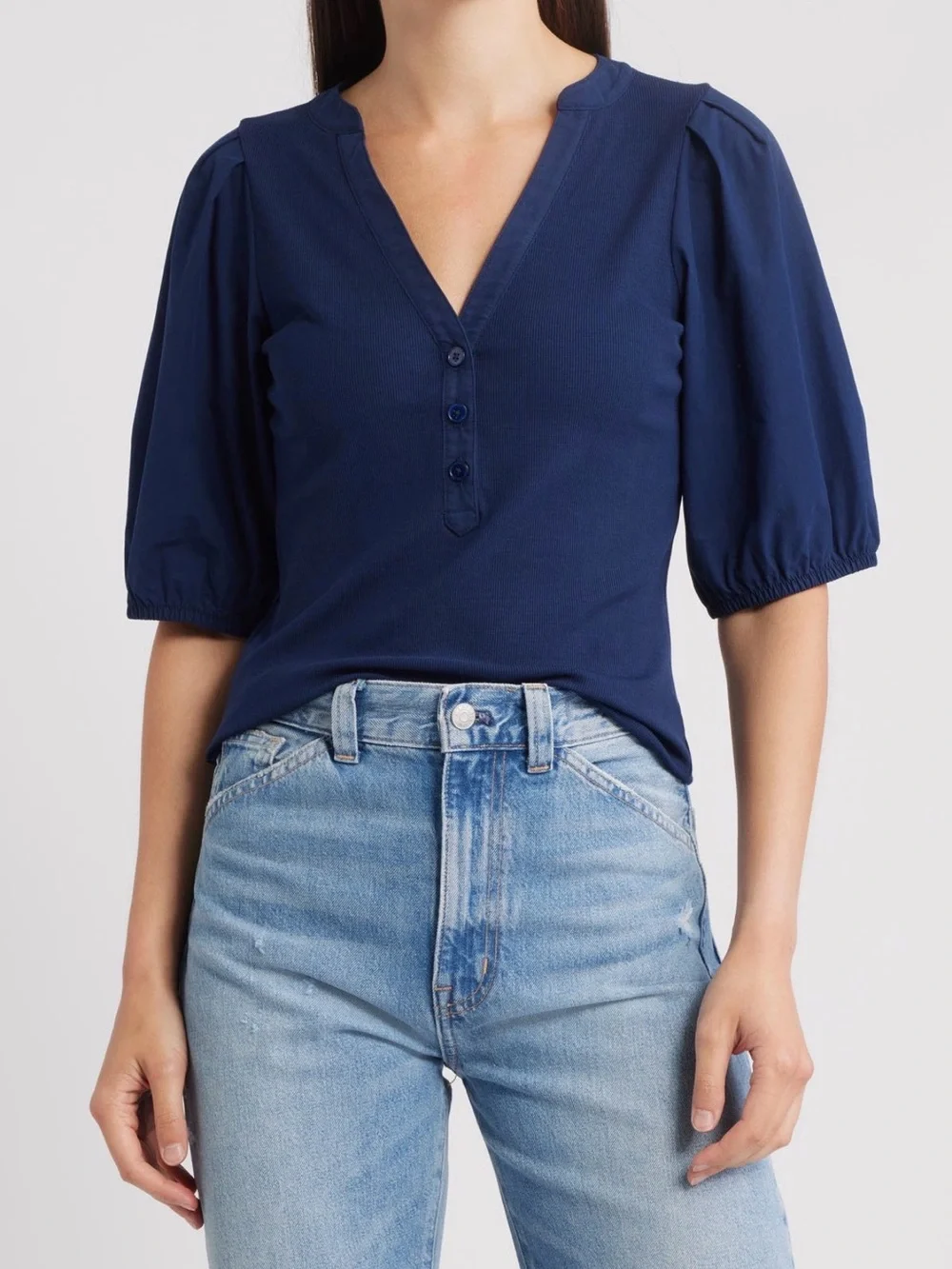 Madewell Puff Sleeve Henley Knit Top Blue Modal Blend Size XL NWT